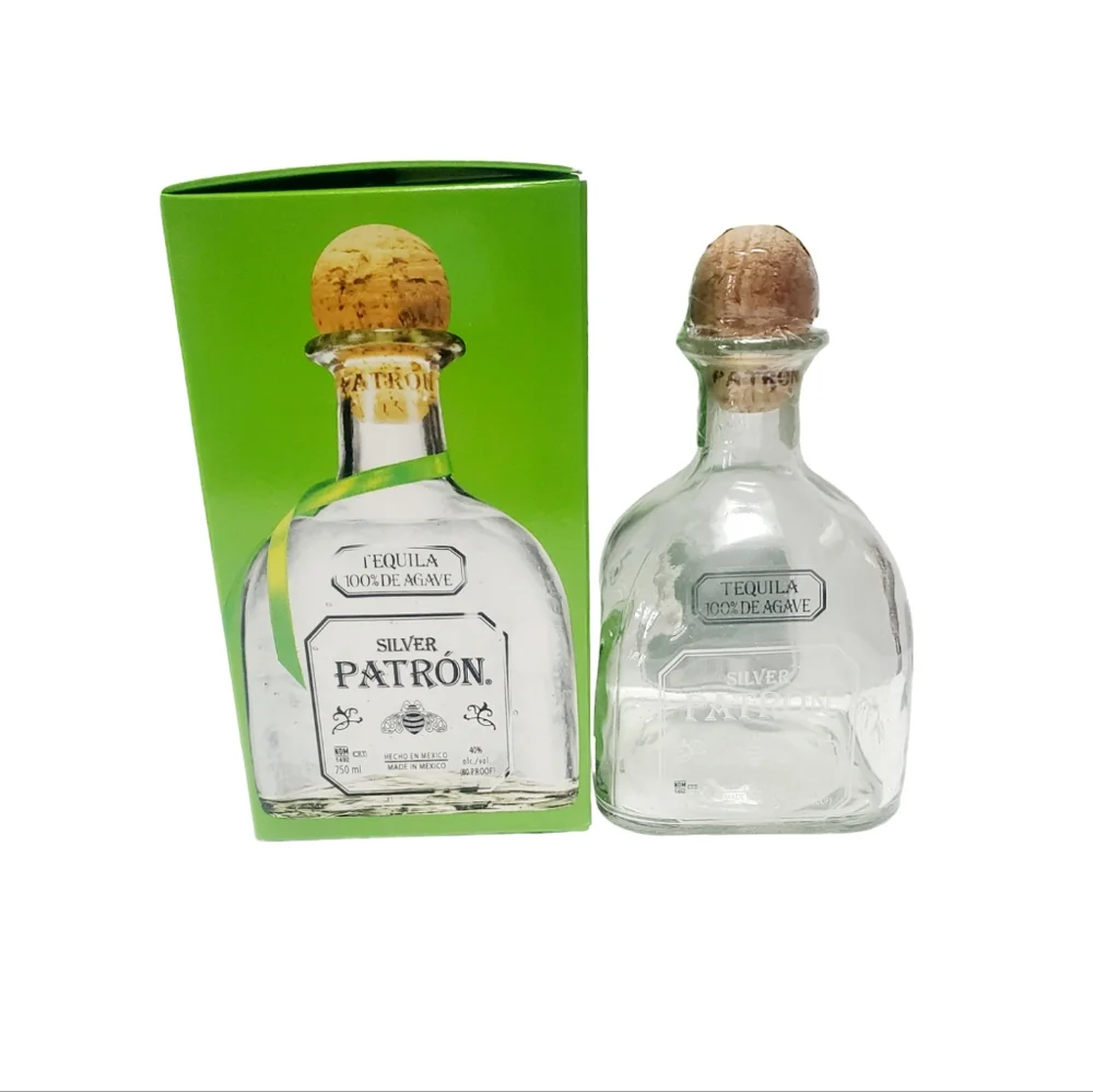 PATRON 750ml SILVER TEQUILA Empty Bottle with CORK RIBBON TAG BOX TISSUE